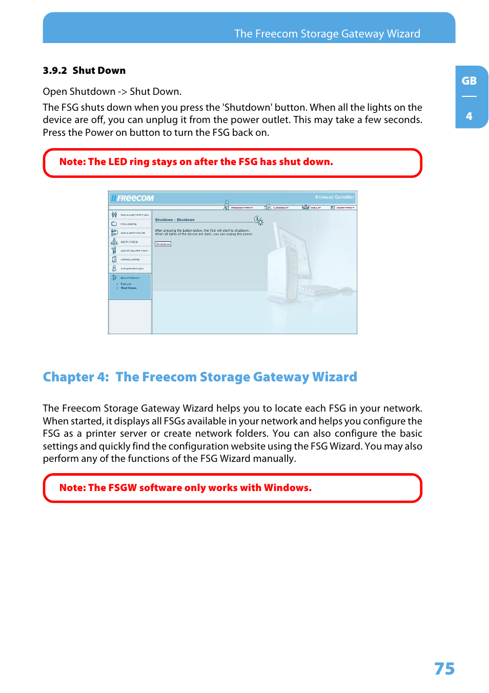 2 shut down, Chapter 4: the freecom storage gateway wizard | Freecom Technologies Storage Gateway NETWORK HARD DRIVE User Manual | Page 75 / 129