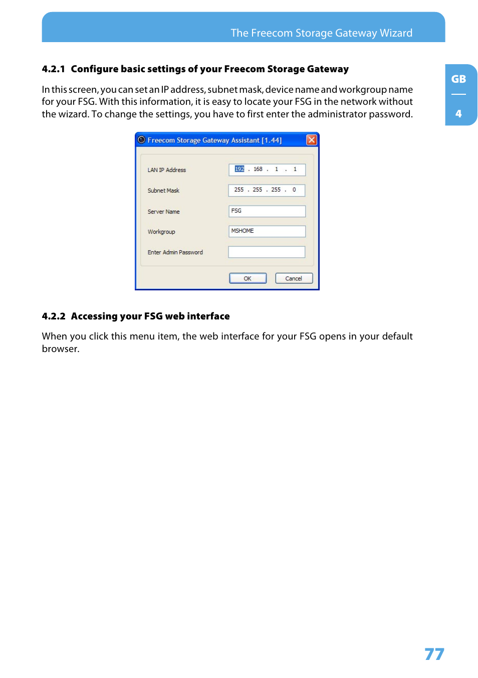 2 accessing your fsg web interface | Freecom Technologies Storage Gateway NETWORK HARD DRIVE User Manual | Page 77 / 129