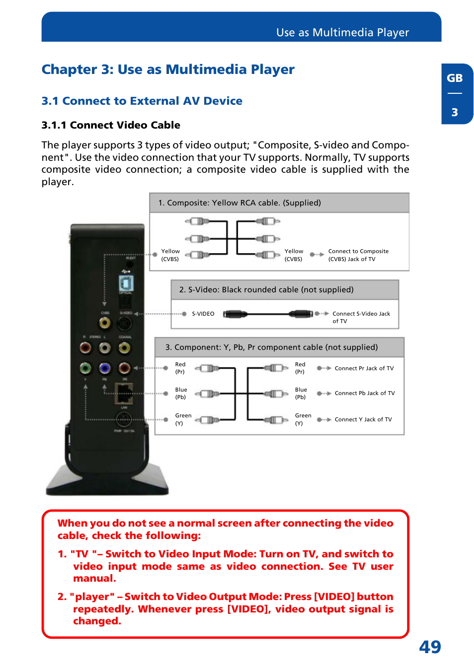 Chapter 3: use as multimedia player, 1 connect to external av device, 1 connect video cable | Gb 3, Use as multimedia player | Freecom Technologies MediaPlayer Drive-In Kit User Manual | Page 49 / 78