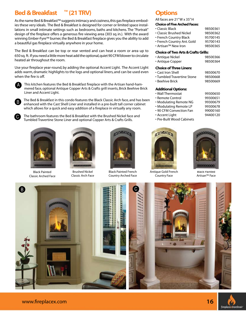 Bed & breakfast, 21 trv), Options | FireplaceXtrordinair 564 SS (Space Saver) User Manual | Page 17 / 36