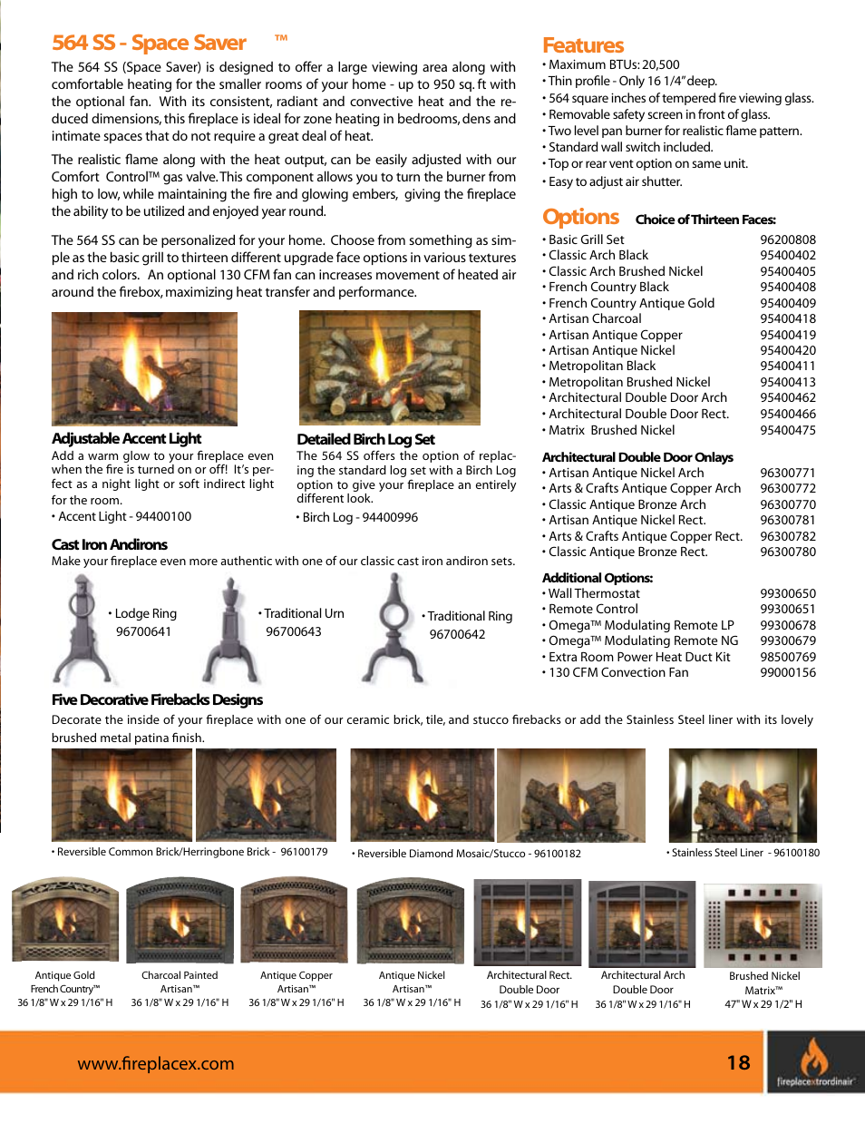 564 ss - space saver, Features, Options | FireplaceXtrordinair 564 SS (Space Saver) User Manual | Page 19 / 36