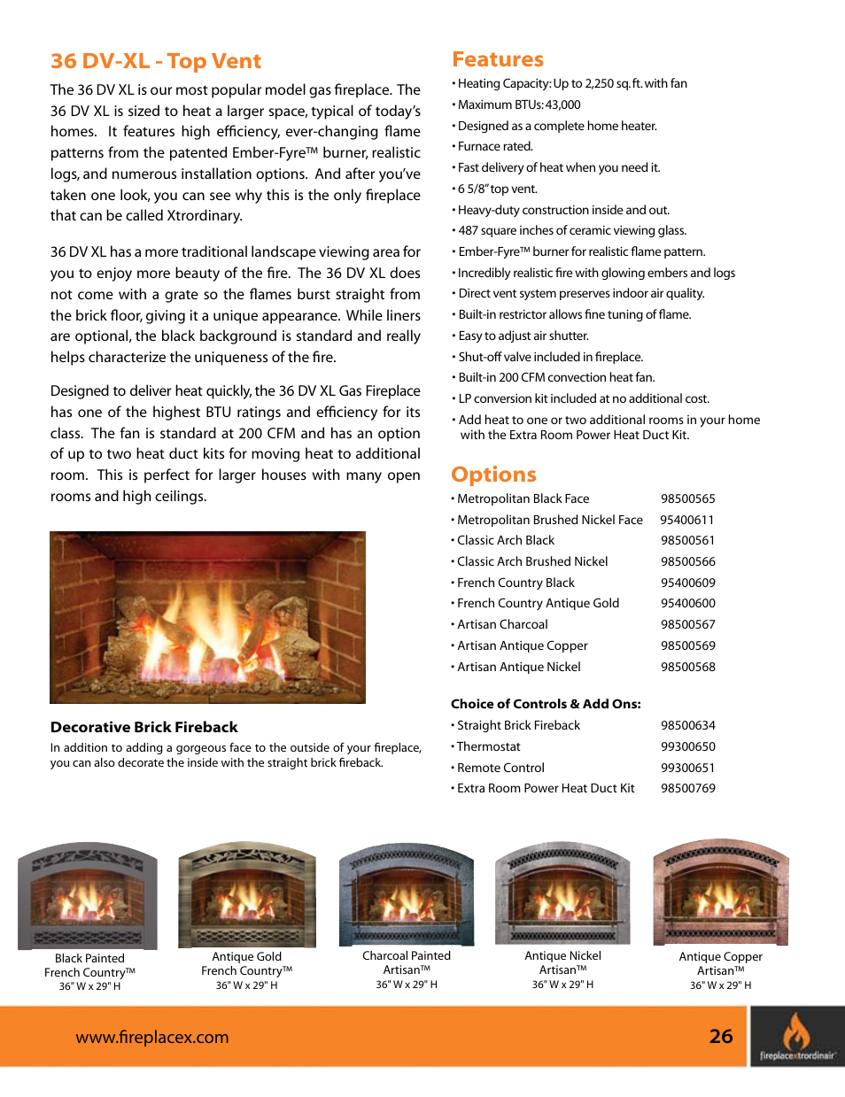 36 dv -x l - top vent, O ptions, Features | FireplaceXtrordinair 564 SS (Space Saver) User Manual | Page 27 / 36