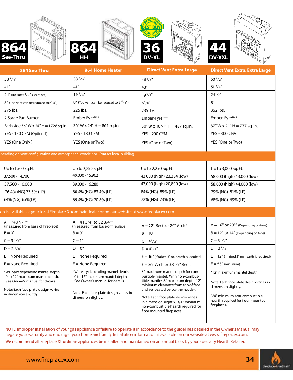 Dv-xxl, Dv -x l, See-t h r u | FireplaceXtrordinair 564 SS (Space Saver) User Manual | Page 35 / 36