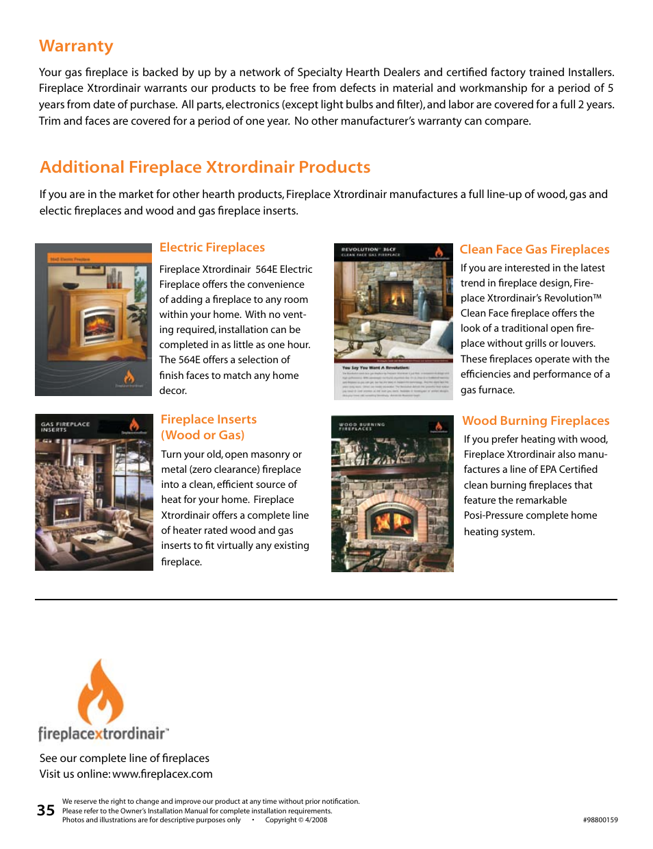 Warranty, Additional fireplace xtrordinair products | FireplaceXtrordinair 564 SS (Space Saver) User Manual | Page 36 / 36
