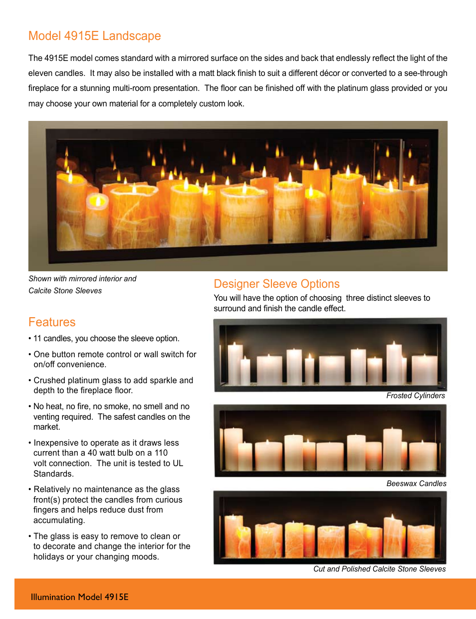 Model 4915e landscape, Features, Designer sleeve options | FireplaceXtrordinair 4915E User Manual | Page 6 / 8