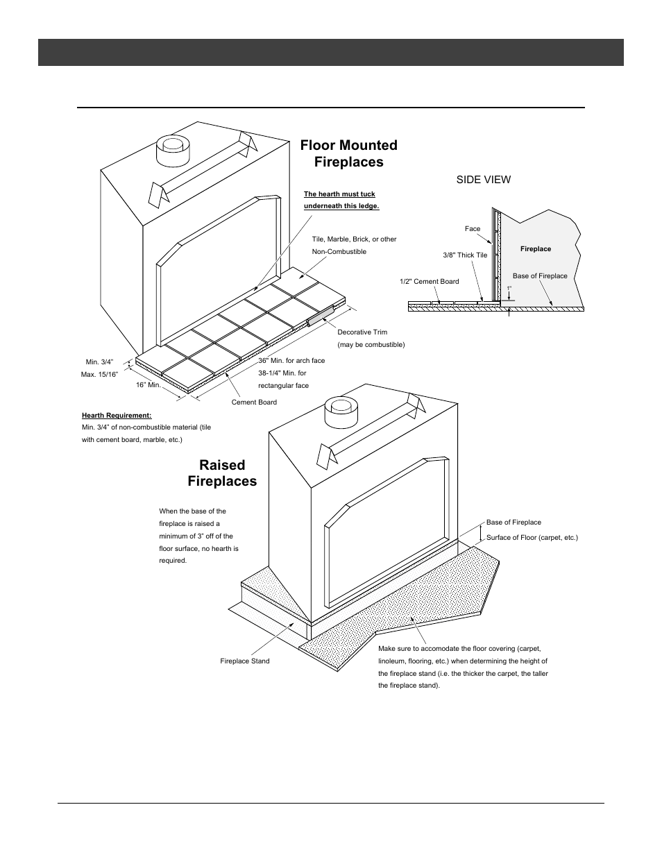 Installation, Hearth requirements, Floor mounted fireplaces raised fireplaces | FireplaceXtrordinair 36 DV EFIII User Manual | Page 10 / 52