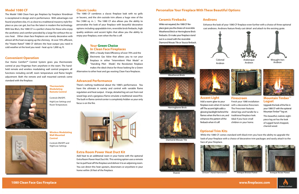 Firescreen, Optional trim kits, Accent light | Extra room power heat duct kit, Classic looks convenient operation, Mountain timber, Logset | FireplaceXtrordinair CLEAN FACE 1080 CF User Manual | Page 2 / 4