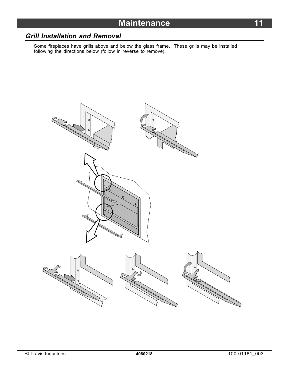 Maintenance 11, Grill installation and removal | FireplaceXtrordinair 864 HH User Manual | Page 11 / 26