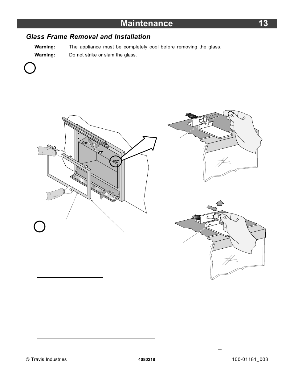 Maintenance 13, Glass frame removal and installation | FireplaceXtrordinair 864 HH User Manual | Page 13 / 26