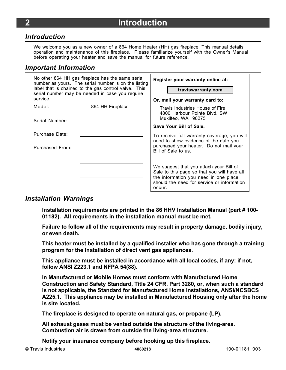2introduction, Introduction, Important information | Installation warnings | FireplaceXtrordinair 864 HH User Manual | Page 2 / 26
