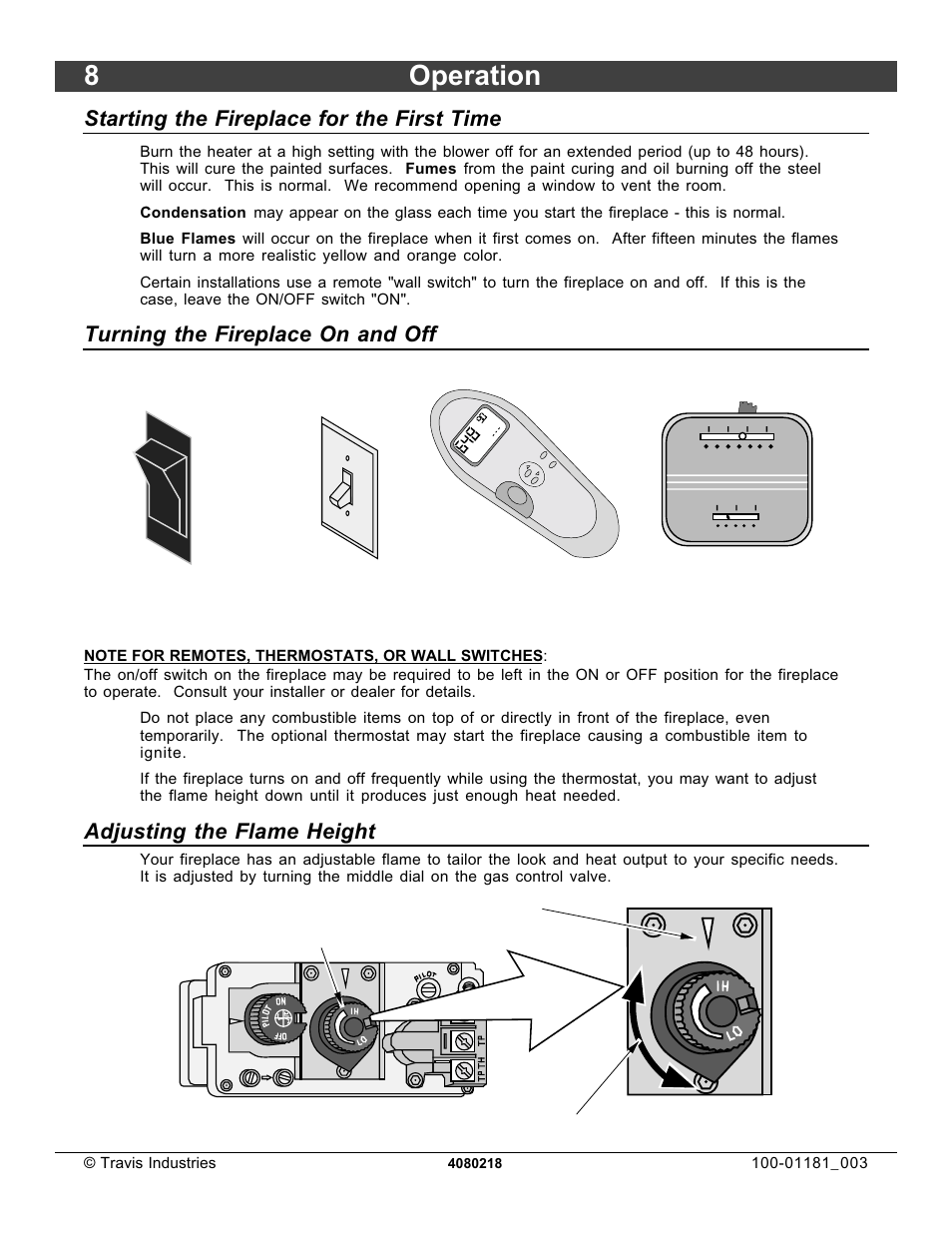 8operation, Starting the fireplace for the first time, Turning the fireplace on and off | Adjusting the flame height | FireplaceXtrordinair 864 HH User Manual | Page 8 / 26