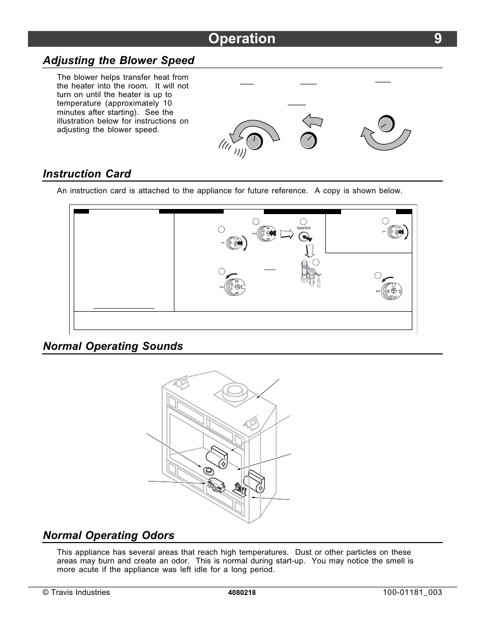Warning, Operation 9, Adjusting the blower speed | Instruction card, Normal operating sounds, Normal operating odors, Travis industries, High | FireplaceXtrordinair 864 HH User Manual | Page 9 / 26