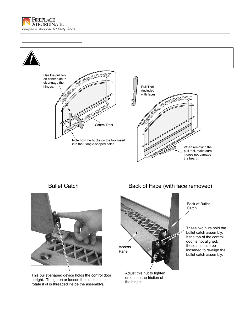 Fpx 32 dvs artisan face, Back of face (with face removed) bullet catch, Opening the control door | Adjusting the control door | FireplaceXtrordinair 98500507 User Manual | Page 3 / 3