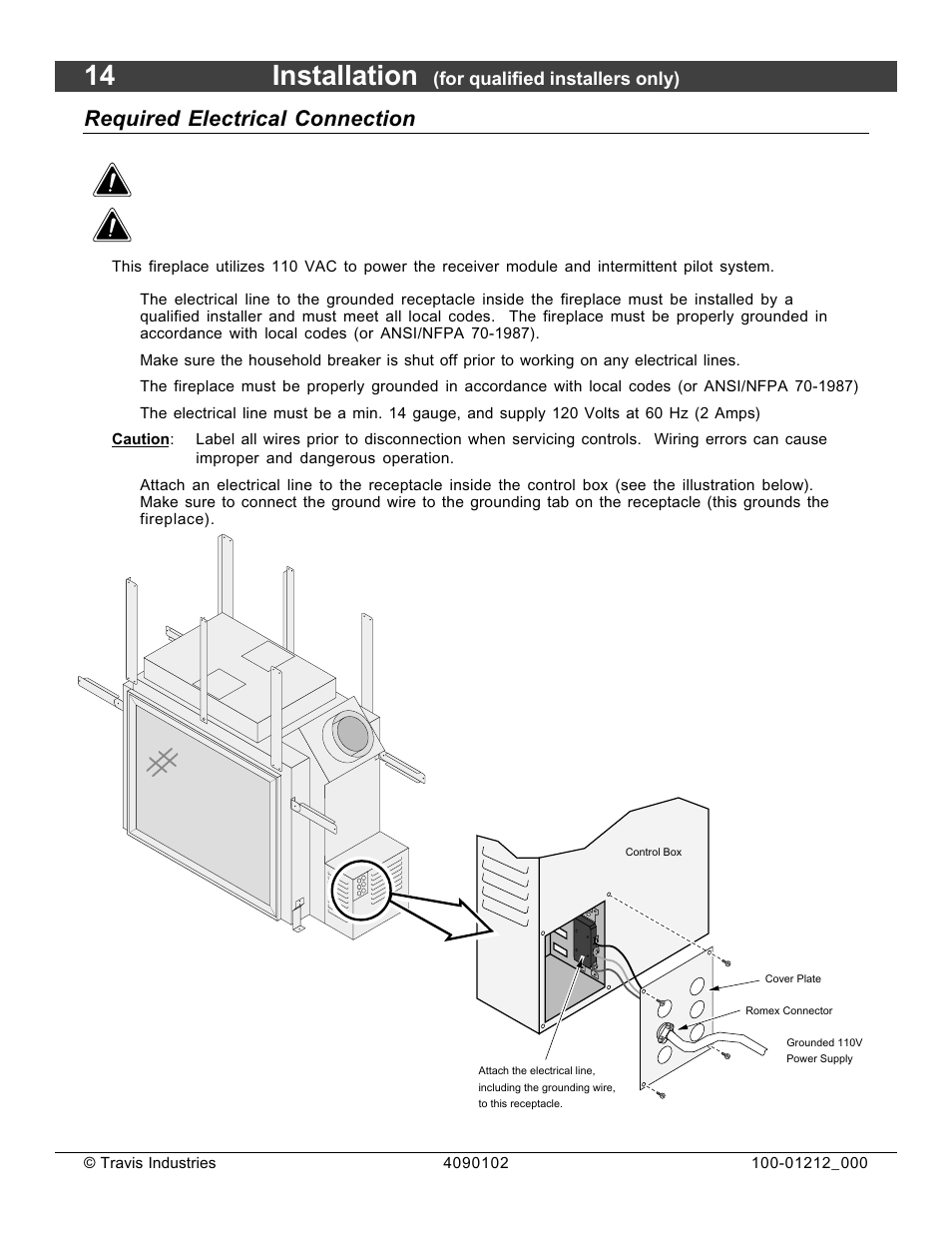 14 installation, Required electrical connection | FireplaceXtrordinair Revolution 36CF User Manual | Page 14 / 48