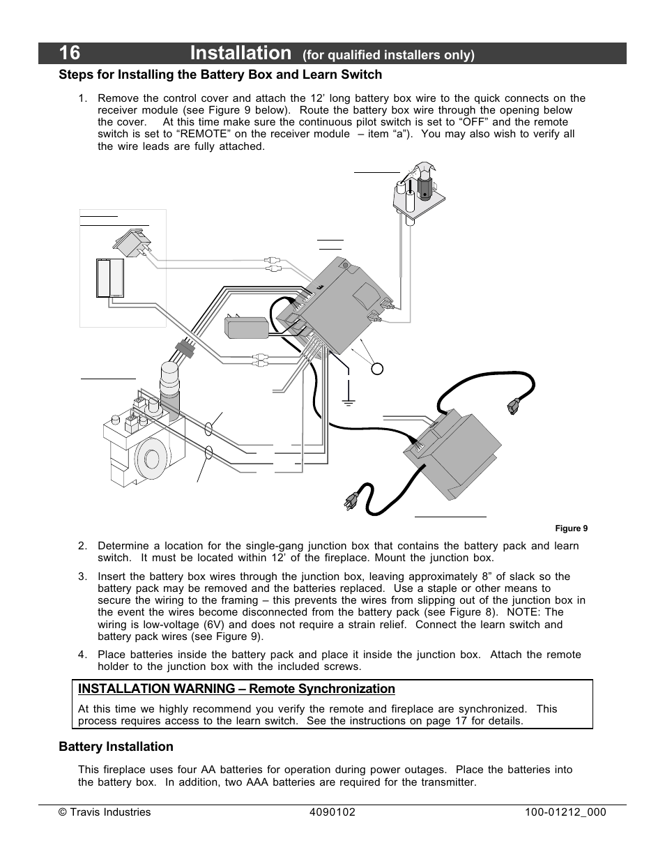 16 installation, For qualified installers only), Installation warning – remote synchronization | Battery installation | FireplaceXtrordinair Revolution 36CF User Manual | Page 16 / 48