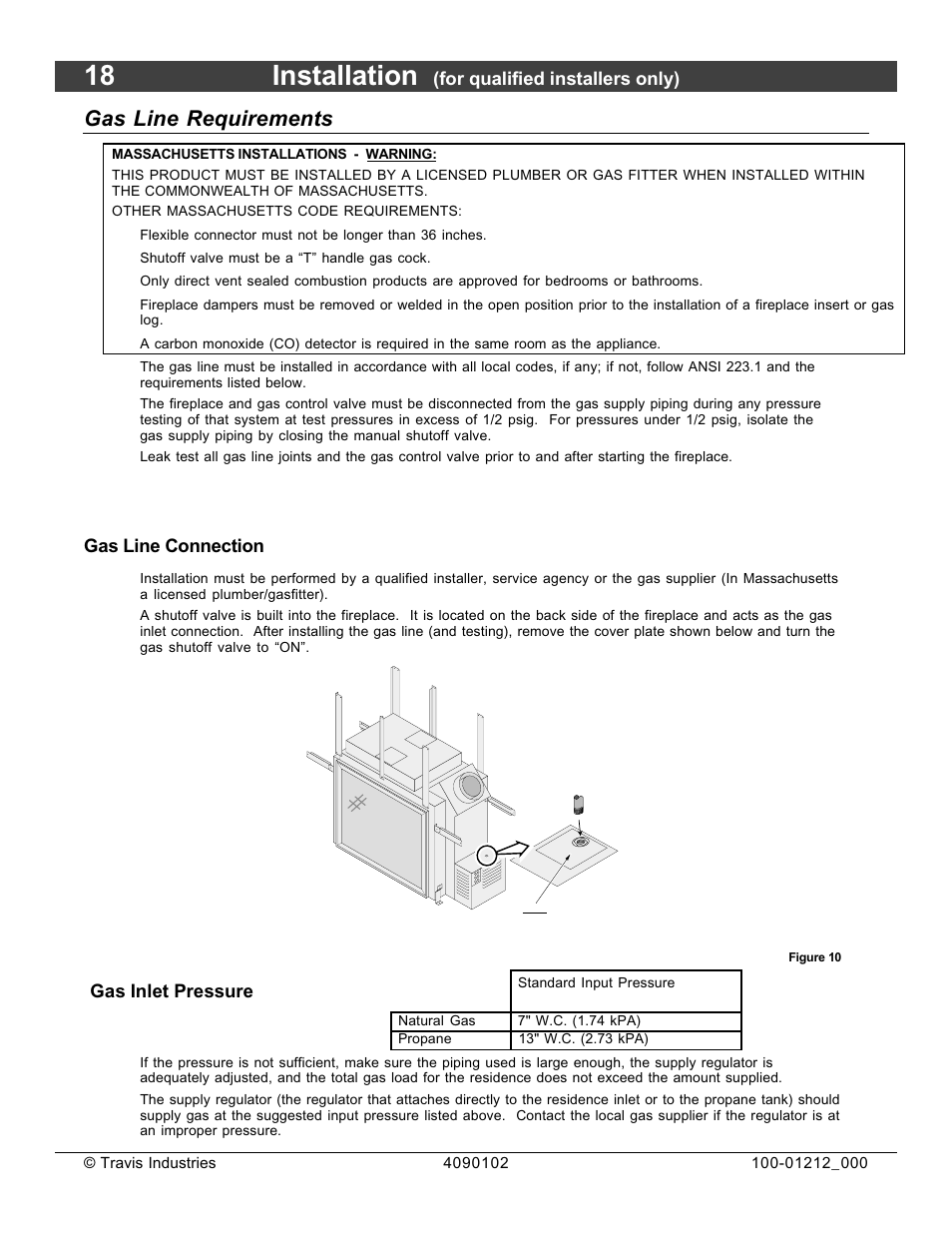 18 installation, Gas line requirements | FireplaceXtrordinair Revolution 36CF User Manual | Page 18 / 48