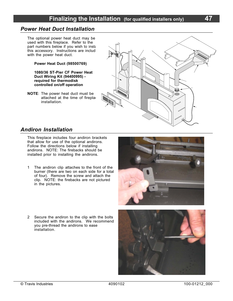 Finalizing the installation, Power heat duct installation, Andiron installation | For qualified installers only) | FireplaceXtrordinair Revolution 36CF User Manual | Page 47 / 48