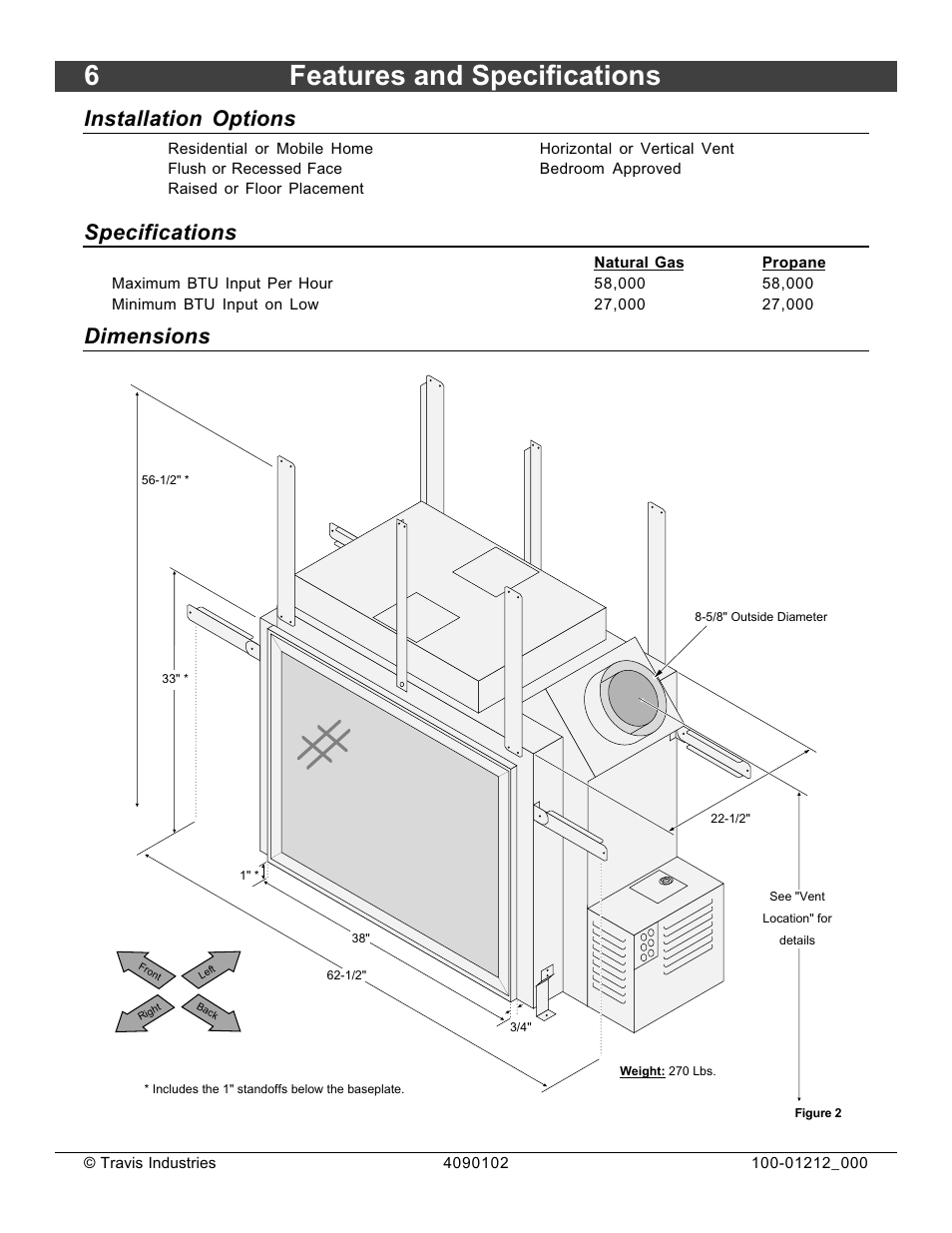 6features and specifications, Installation options, Specifications | Dimensions | FireplaceXtrordinair Revolution 36CF User Manual | Page 6 / 48