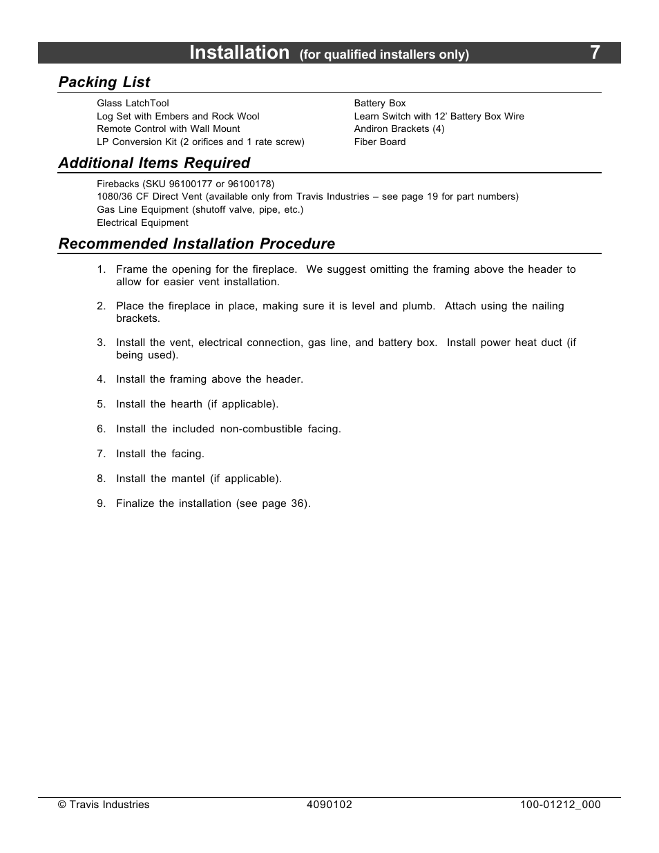 Installation, Packing list, Additional items required | Recommended installation procedure | FireplaceXtrordinair Revolution 36CF User Manual | Page 7 / 48