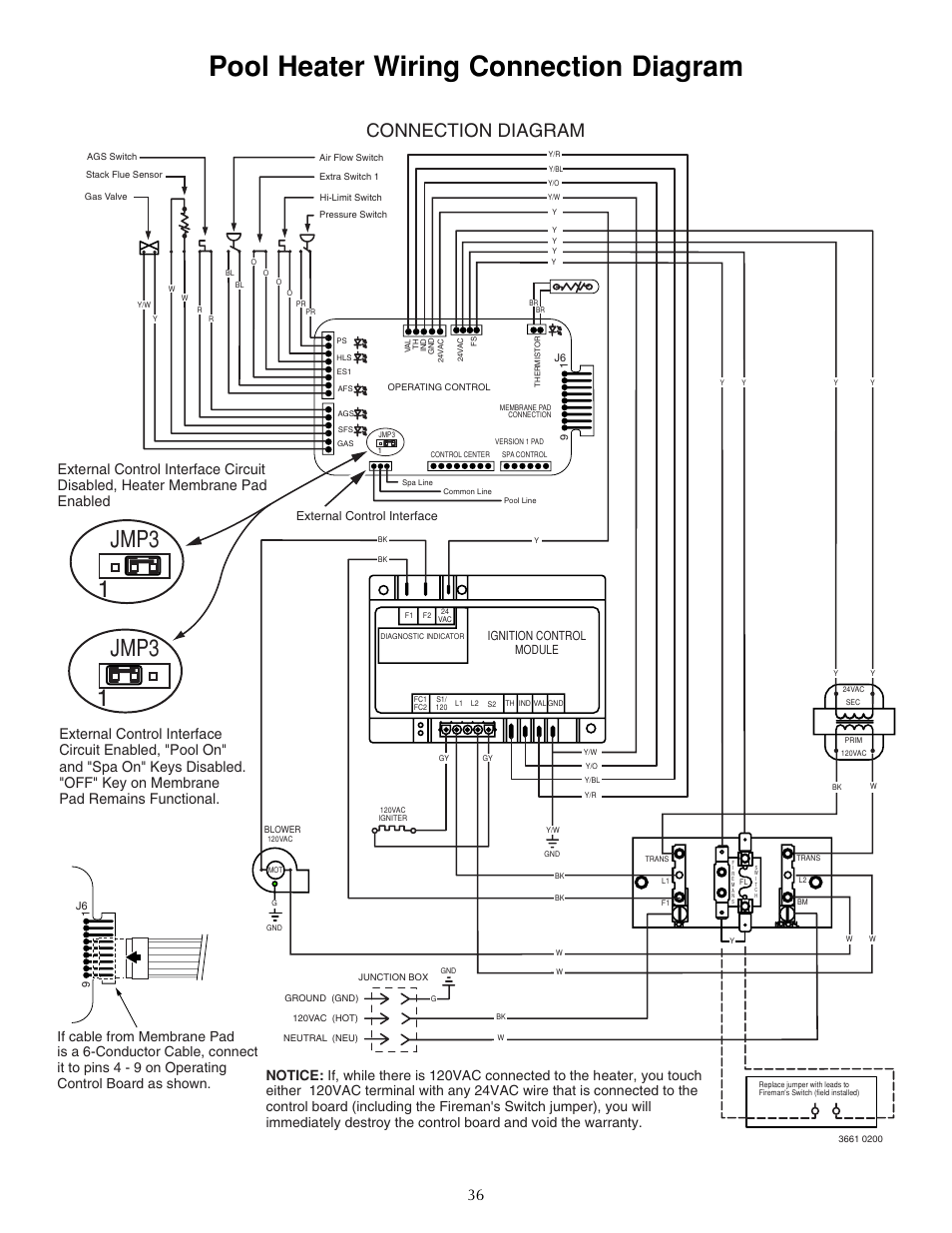 Pool heater wiring connection diagram, Jmp3 1 jmp3 1, Connection diagram | Ignition control module, External control interface | Five Star Sr200na User Manual | Page 36 / 40