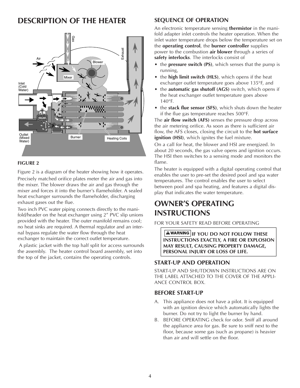 Description of the heater, Owner’s operating instructions, Sequence of operation | Start-up and operation, Before start-up | Five Star Sr200na User Manual | Page 4 / 40