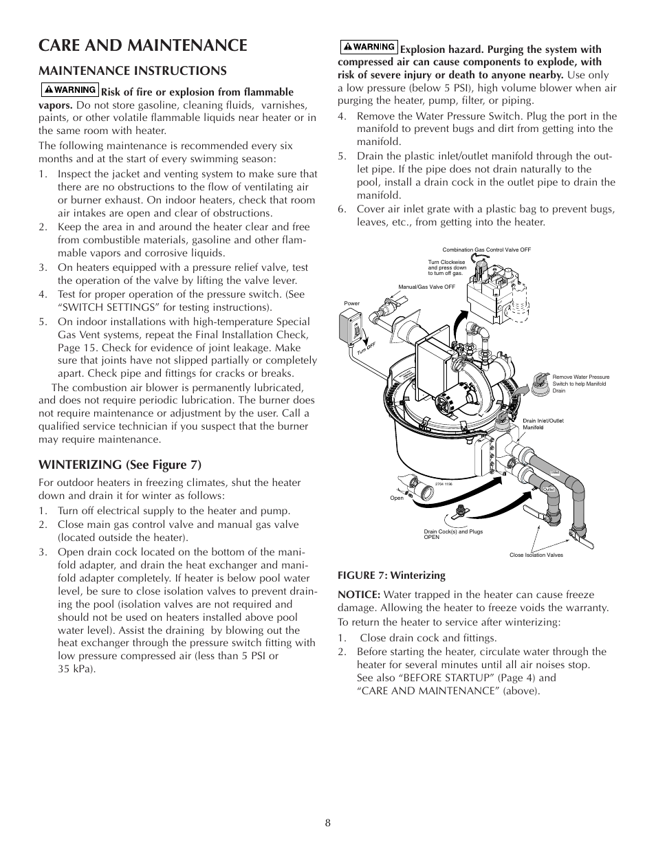 Care and maintenance, Maintenance instructions, Winterizing (see figure 7) | Five Star Sr200na User Manual | Page 8 / 40