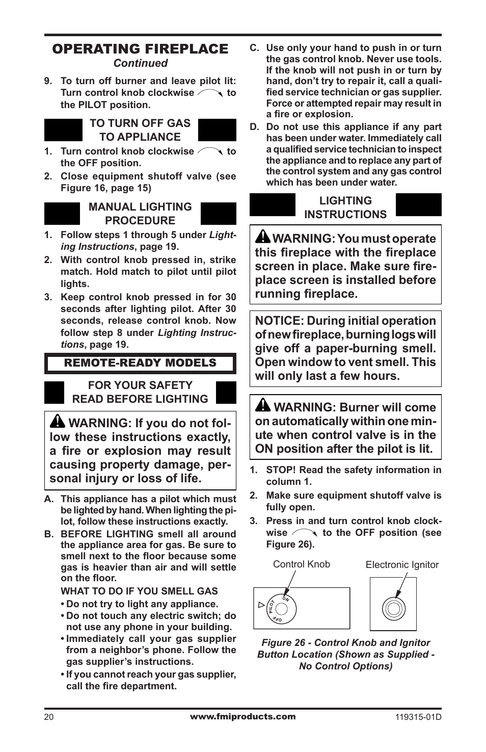 Operating fireplace | FMI CGMFN User Manual | Page 20 / 36