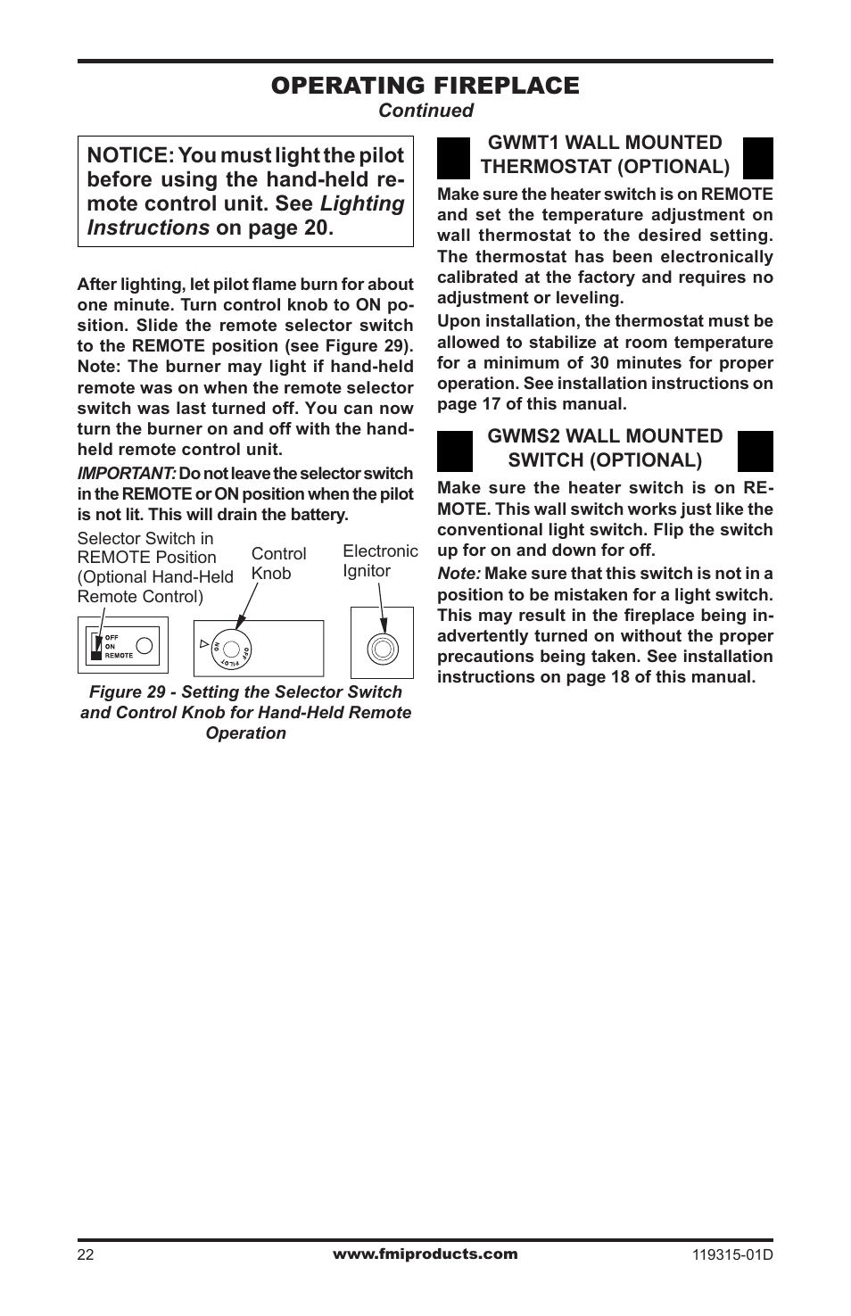 Operating fireplace | FMI CGMFN User Manual | Page 22 / 36