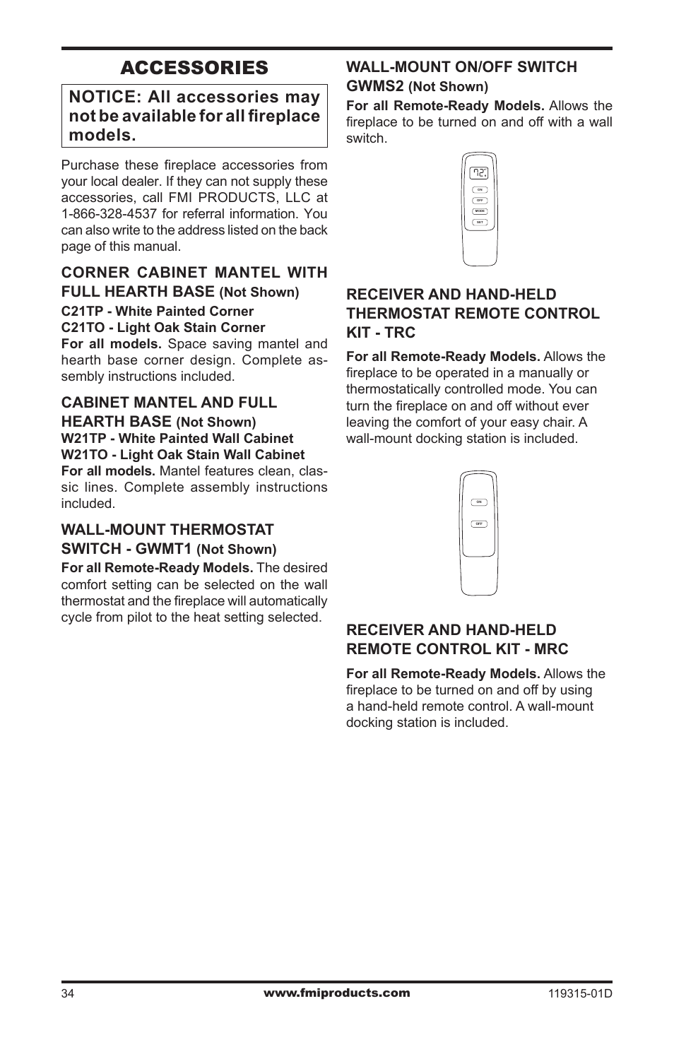 Accessories, Corner cabinet mantel with full hearth base, Cabinet mantel and full hearth base | Wall-mount thermostat switch - gwmt1, Wall-mount on/off switch gwms2, Receiver and hand-held remote control kit - mrc | FMI CGMFN User Manual | Page 34 / 36