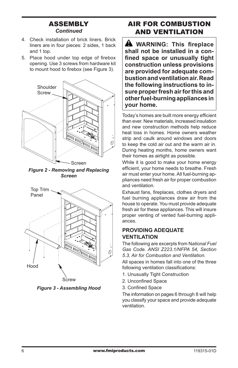 Air for combustion and ventilation, Assembly | FMI CGMFN User Manual | Page 6 / 36