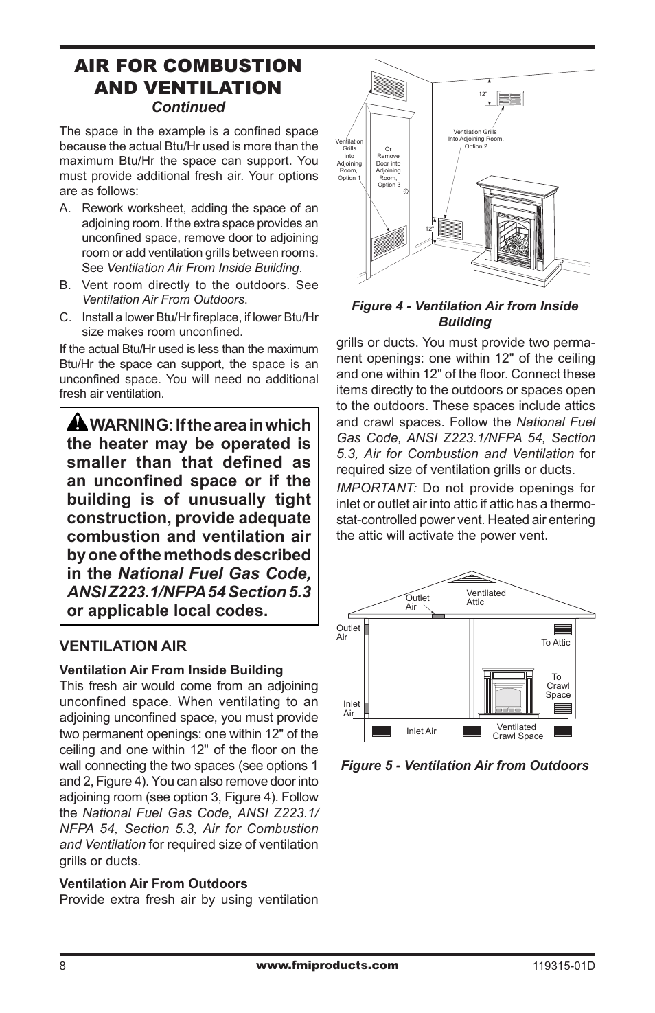 Air for combustion and ventilation, Ventilation air, Continued | FMI CGMFN User Manual | Page 8 / 36