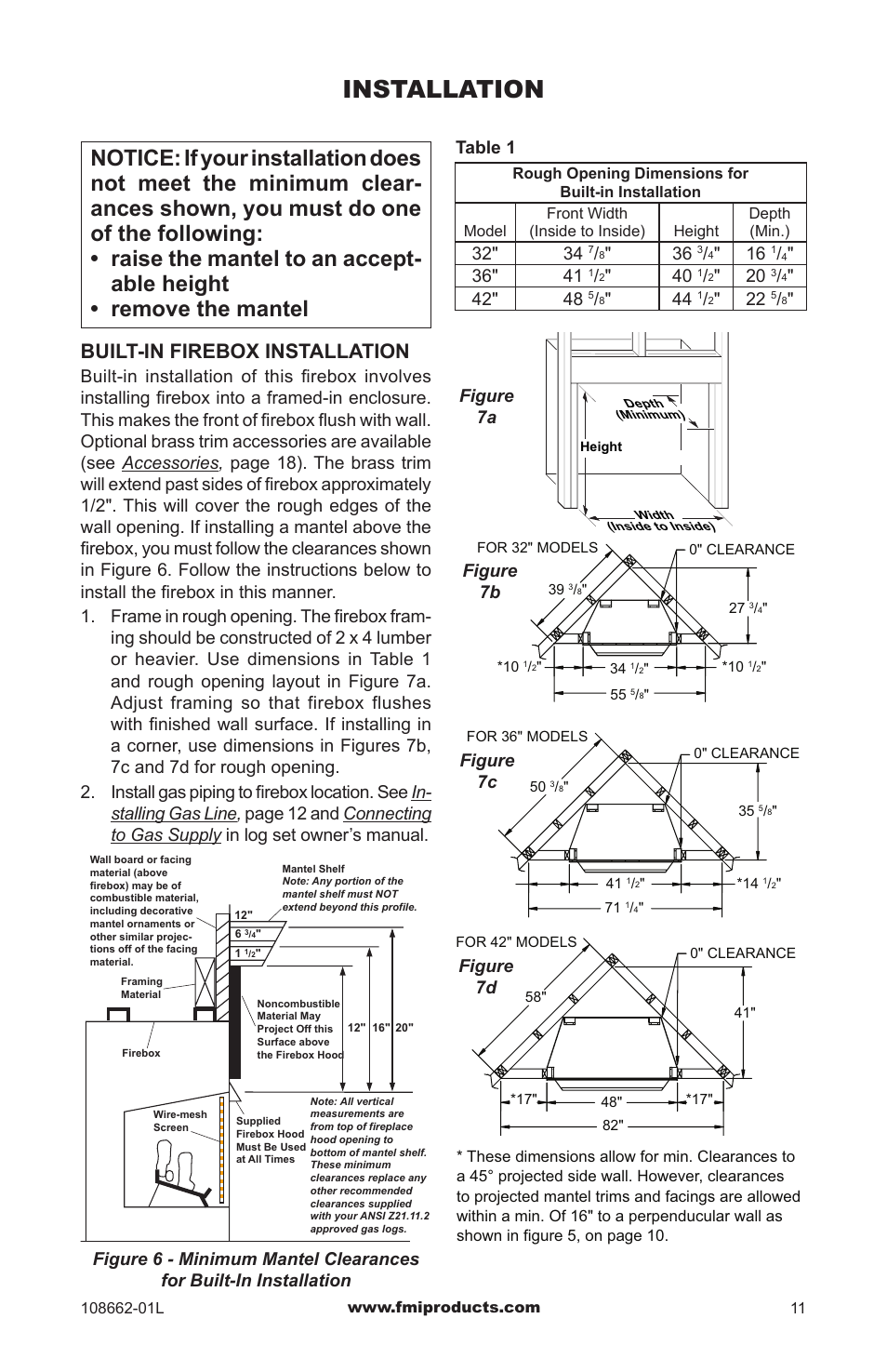 Installation, Built-in firebox installation, Table 1 | Figure 7a figure 7b figure 7c figure 7d | FMI VFB36NC1 User Manual | Page 11 / 24