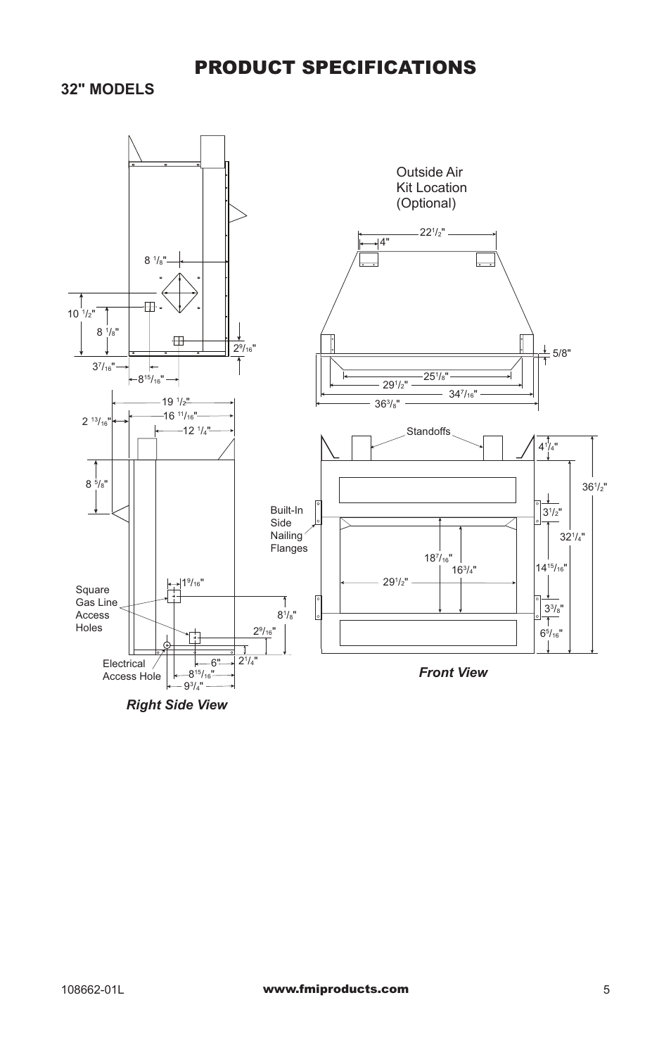 Product specifications, 32" models, Right side view front view | Outside air kit location (optional) | FMI VFB36NC1 User Manual | Page 5 / 24