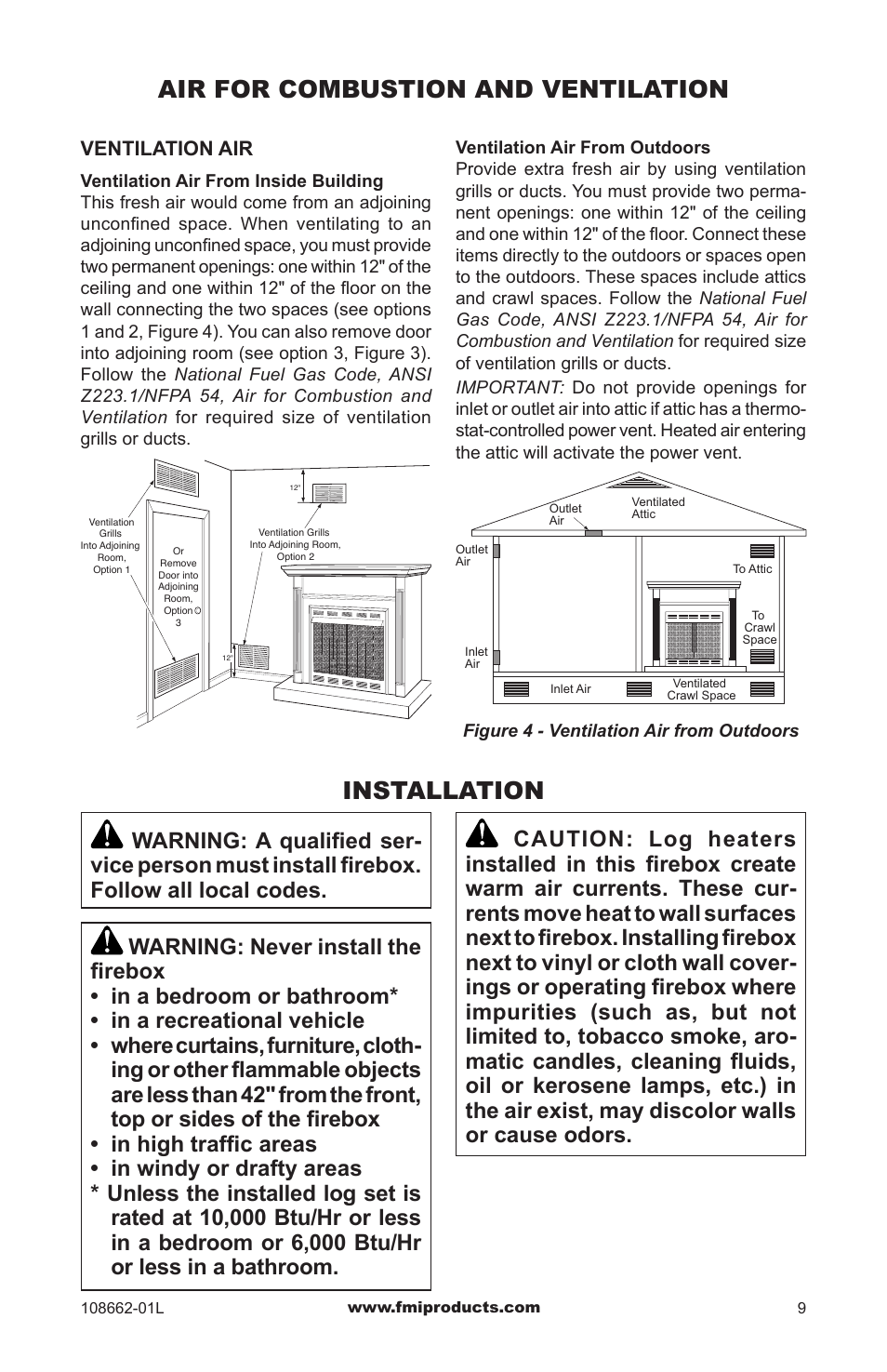 Installation, Air for combustion and ventilation | FMI VFB36NC1 User Manual | Page 9 / 24