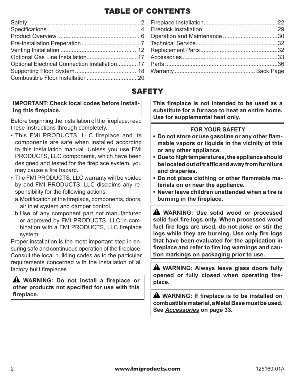 Table of contents safety | FMI MASONRY FIREBOX MM33 User Manual | Page 2 / 44