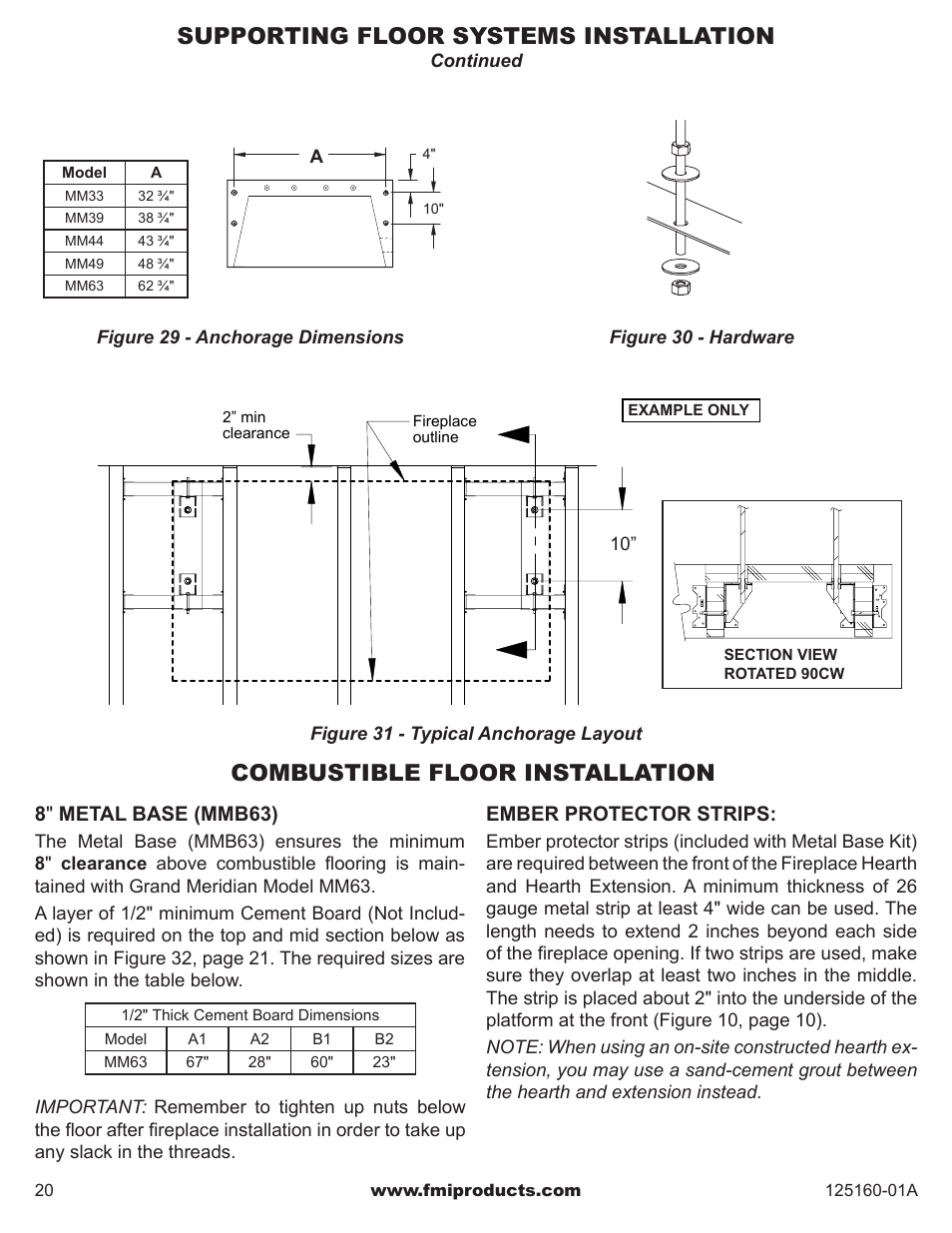 Supporting floor systems installation, Combustible floor installation, 8 " metal base (mmb63) | Ember protector strips | FMI MASONRY FIREBOX MM33 User Manual | Page 20 / 44
