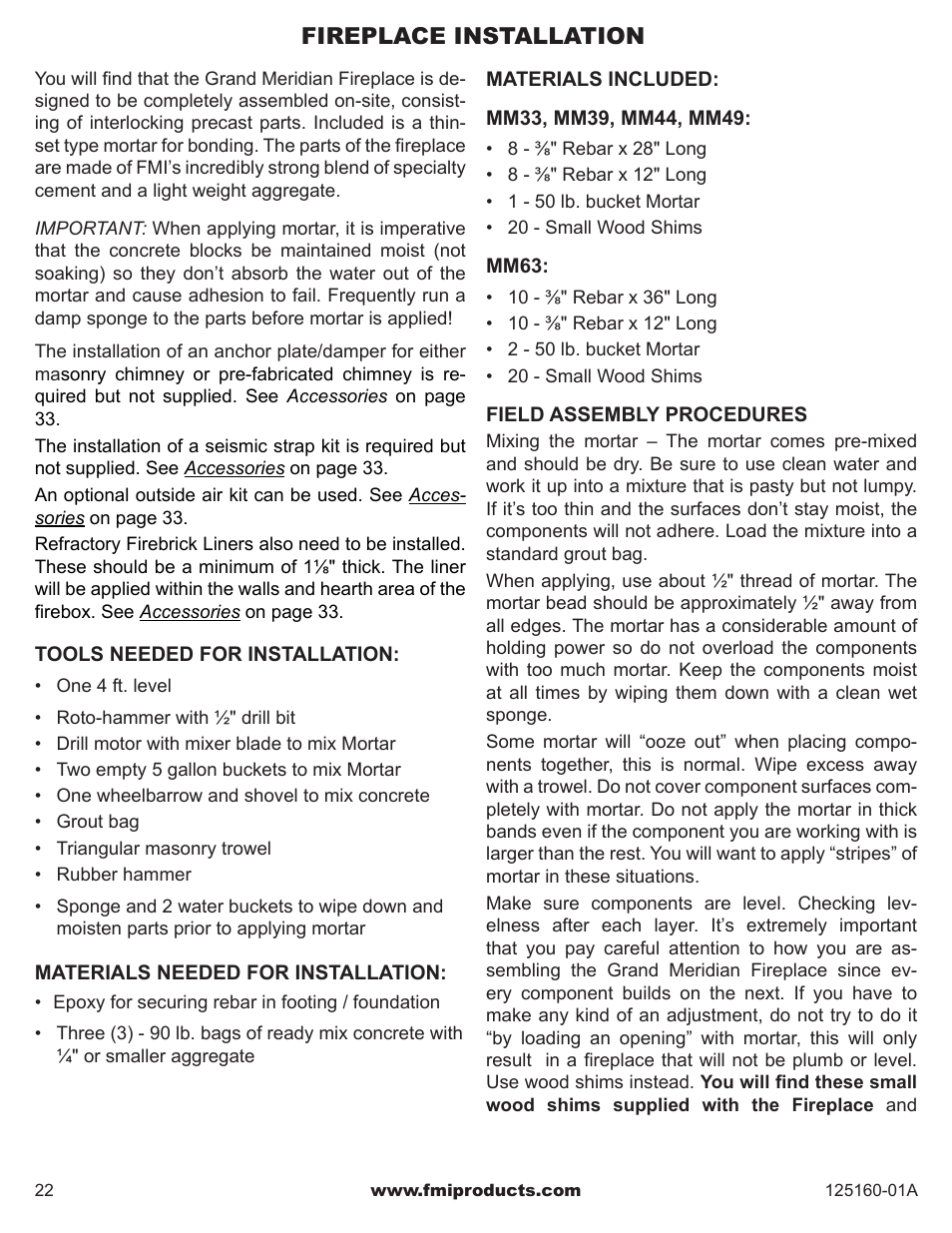 Fireplace installation | FMI MASONRY FIREBOX MM33 User Manual | Page 22 / 44