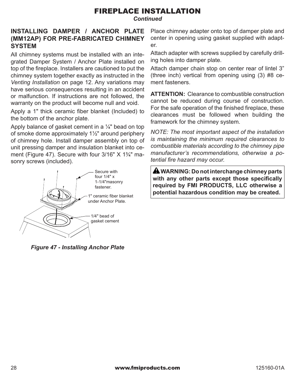Fireplace installation | FMI MASONRY FIREBOX MM33 User Manual | Page 28 / 44