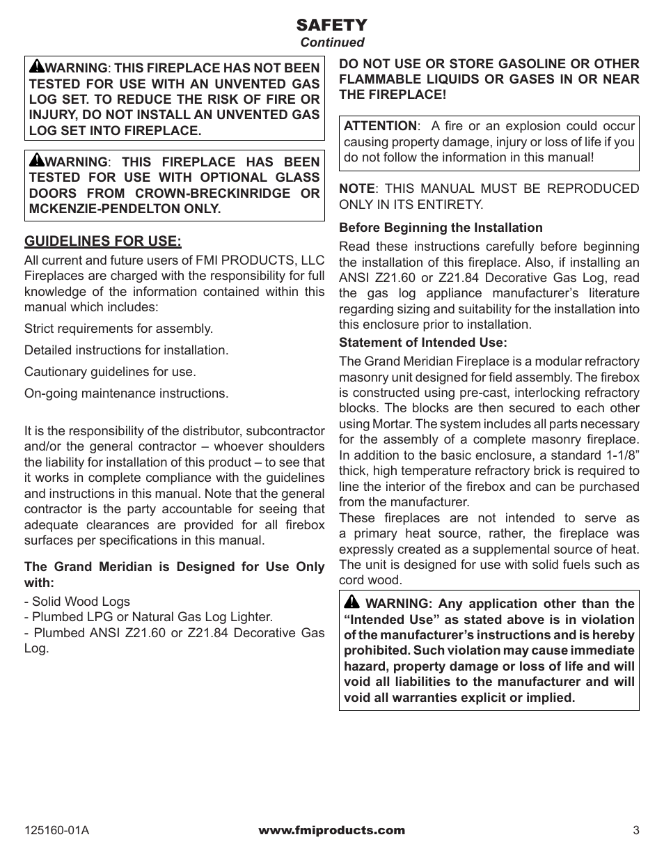Safety | FMI MASONRY FIREBOX MM33 User Manual | Page 3 / 44