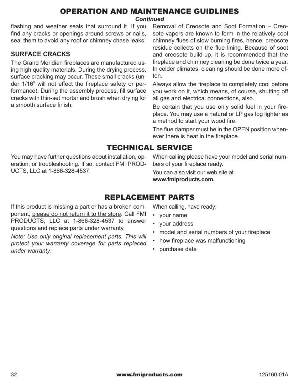 Operation and maintenance guidlines, Technical service, Replacement parts | FMI MASONRY FIREBOX MM33 User Manual | Page 32 / 44