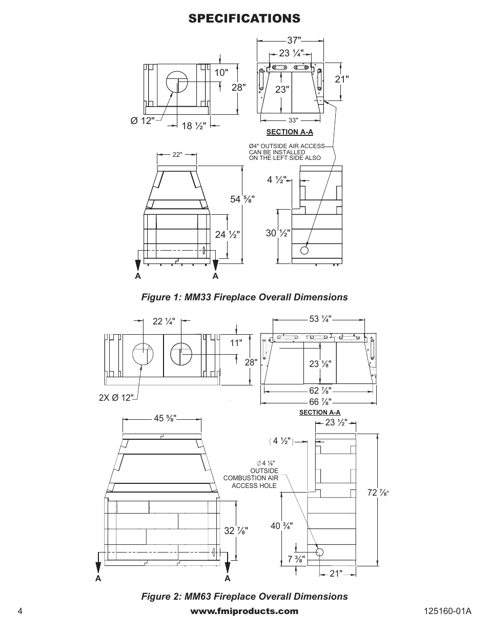 Specifications | FMI MASONRY FIREBOX MM33 User Manual | Page 4 / 44