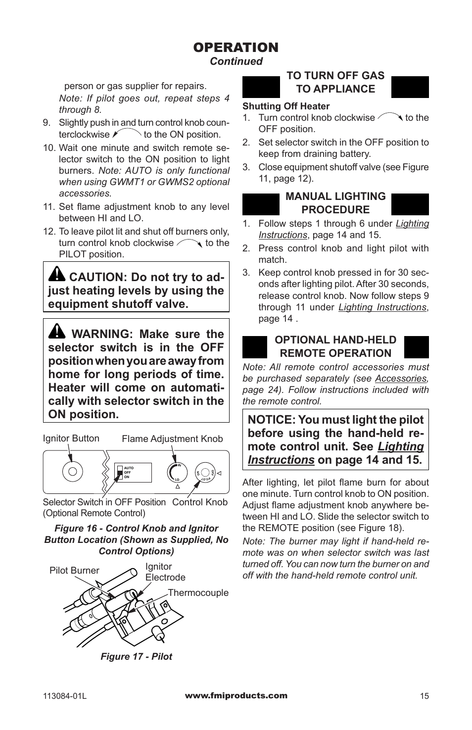 Operation, Continued, Manual lighting procedure | Optional hand-held remote operation | FMI SVYD18NRA User Manual | Page 15 / 28