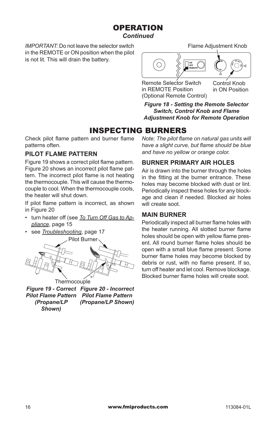 Operation, Inspecting burners, Continued | Burner primary air holes, Main burner, Pilot flame pattern | FMI SVYD18NRA User Manual | Page 16 / 28