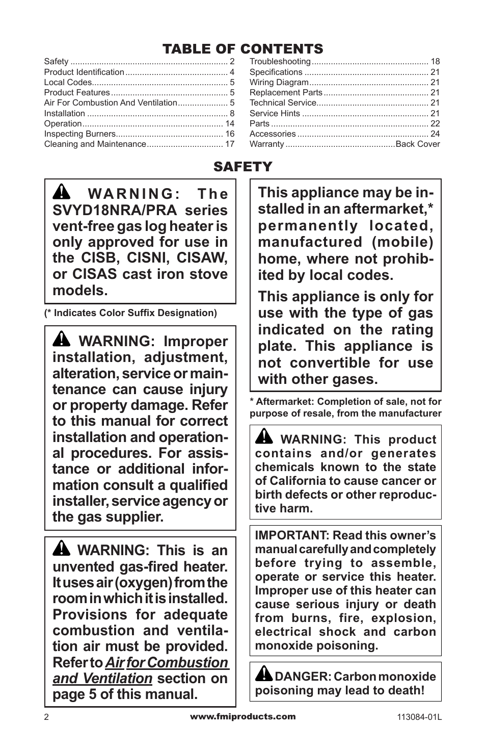 Safety | FMI SVYD18NRA User Manual | Page 2 / 28