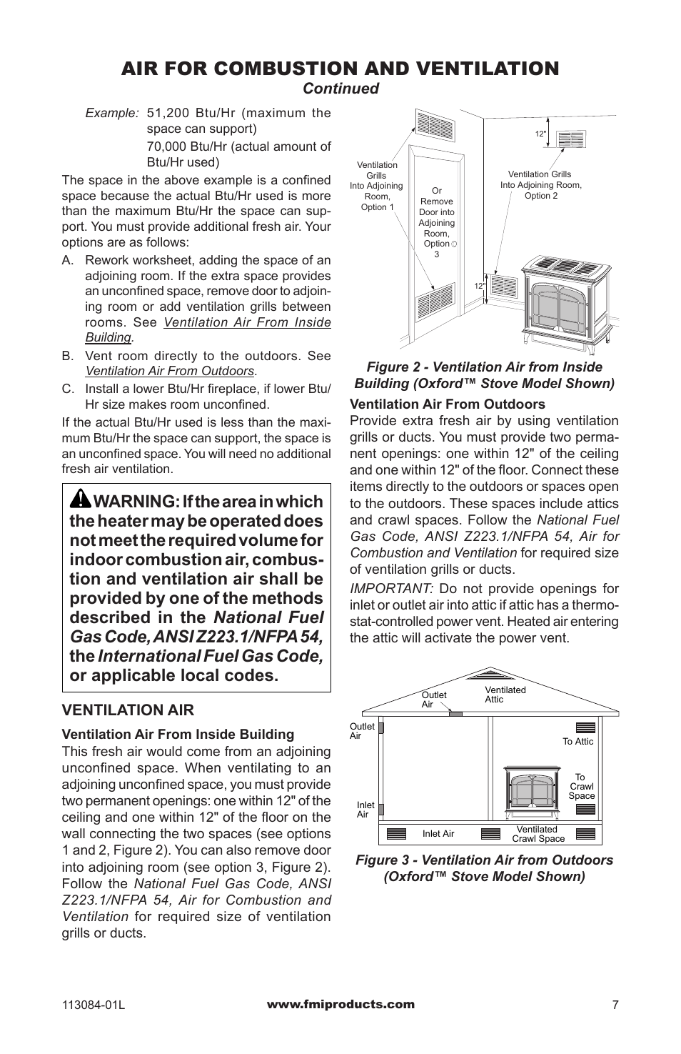 Air for combustion and ventilation, Ventilation air, Continued | FMI SVYD18NRA User Manual | Page 7 / 28