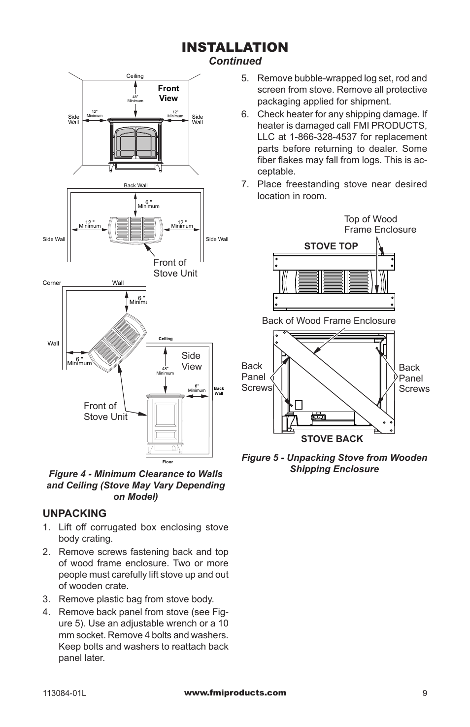 Installation, Continued, Unpacking | Side view, Front of stove unit | FMI SVYD18NRA User Manual | Page 9 / 28