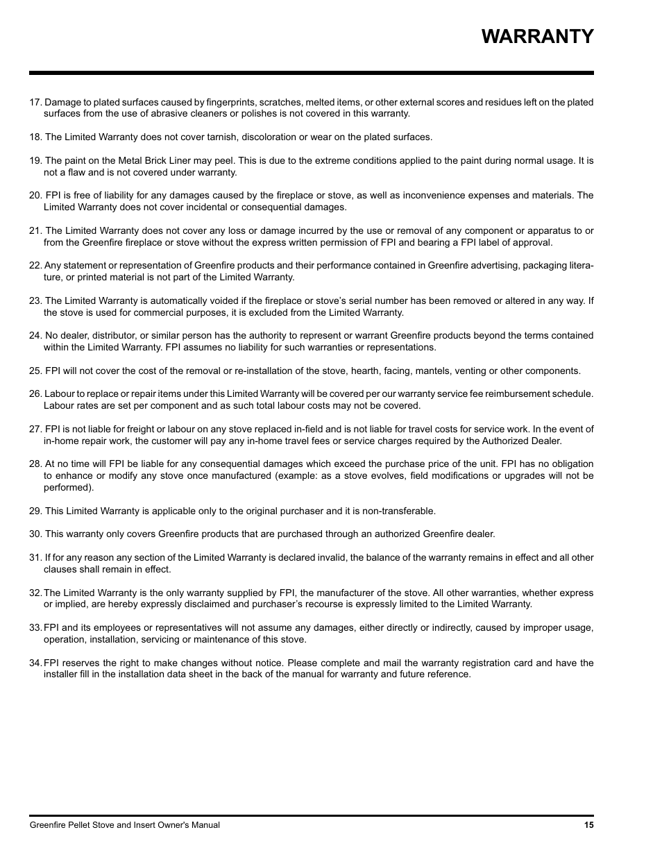 Warranty | FMI PELLET STOVE GF55 User Manual | Page 15 / 16
