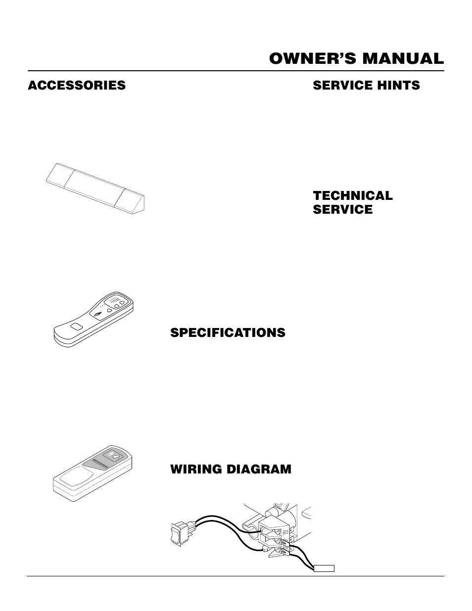 Owner’s manual, Specifications, Accessories | Service hints, Technical service, Wiring diagram, Fireplace hood, Damper clamp - ga6080 (not shown), Lava rock - ga6060 (not shown), Wall-mount thermostat switch - gwmt1 (not shown | FMI FVF30PW User Manual | Page 21 / 24