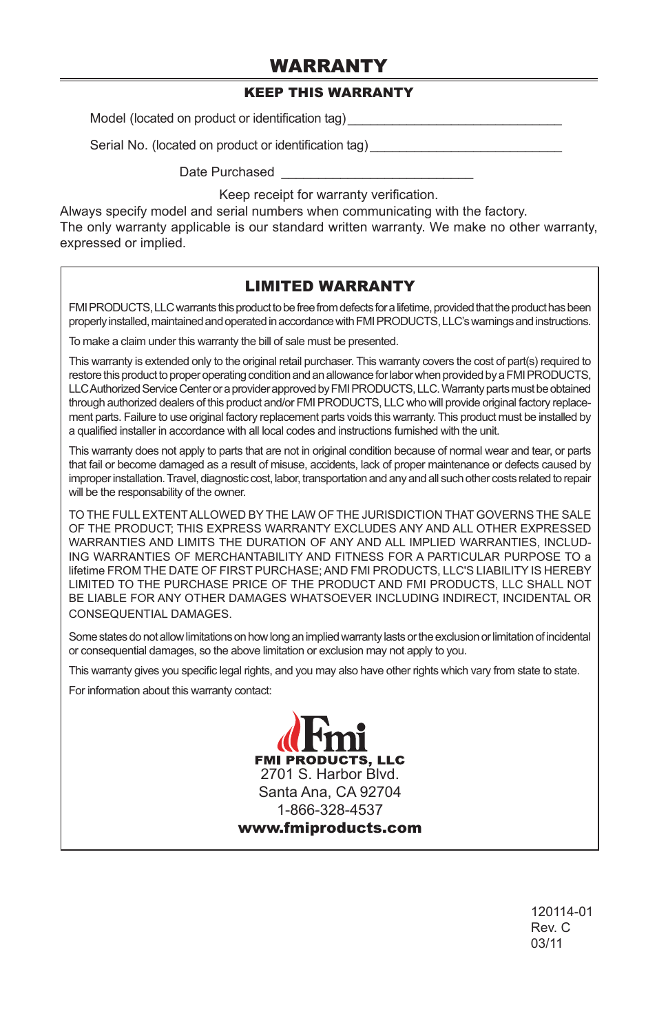 Warranty | FMI UNDER HEARTH WOOD NOOK DHS-36 User Manual | Page 8 / 8