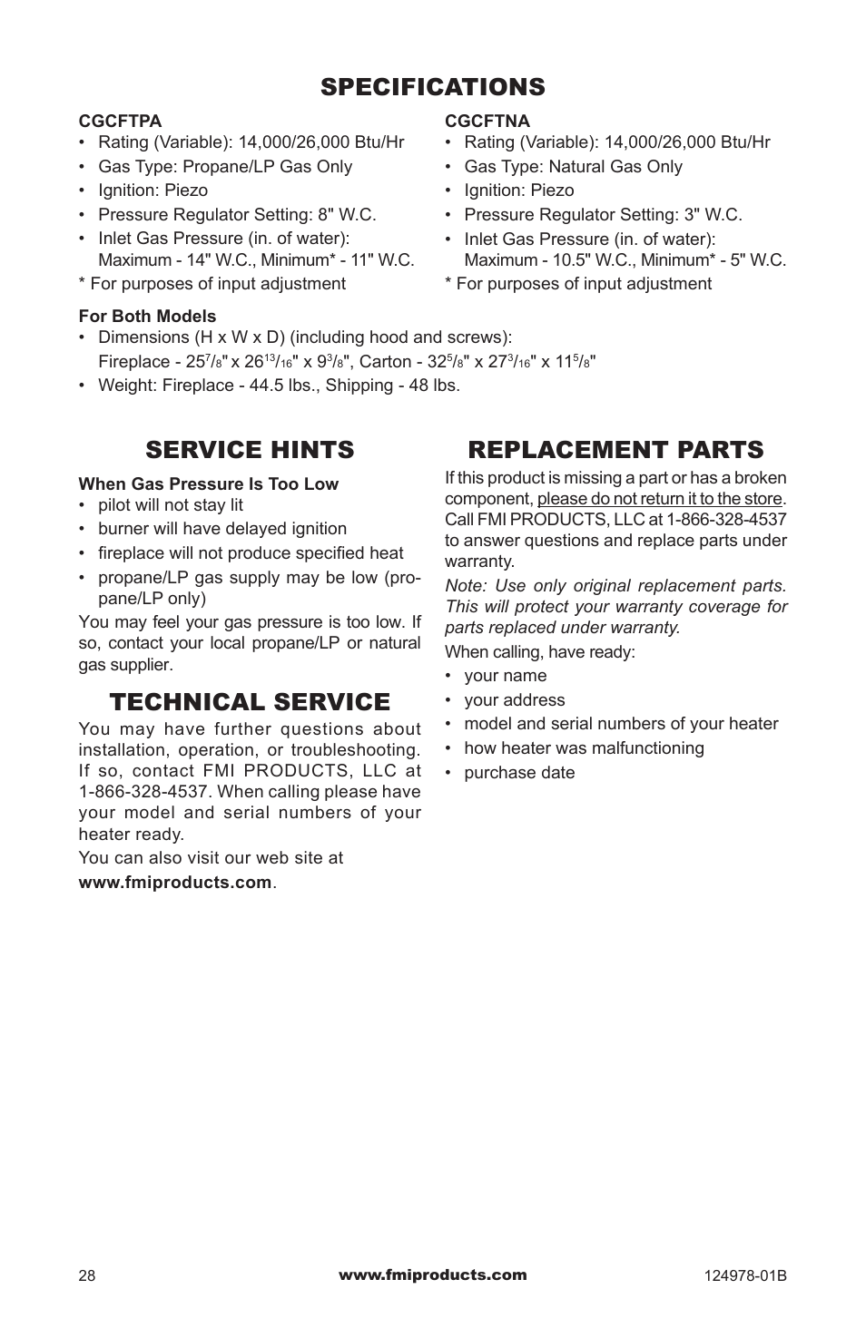 Specifications, Service hints, Technical service | Replacement parts | FMI COMFORT FLAME CGCFTNA User Manual | Page 28 / 32